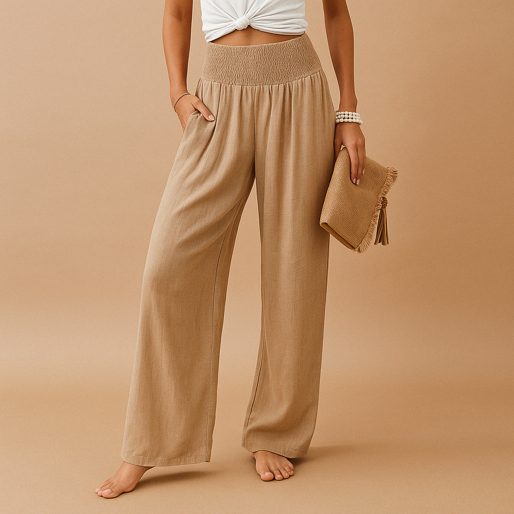 Women's Linen Trousers with Elastic Waist and Straight Legs