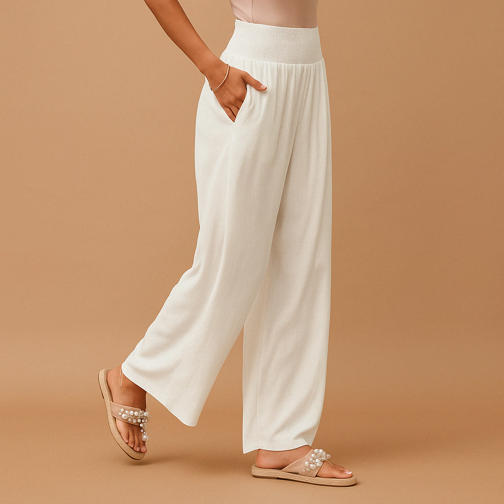 Women's Linen Trousers with Elastic Waist and Straight Legs