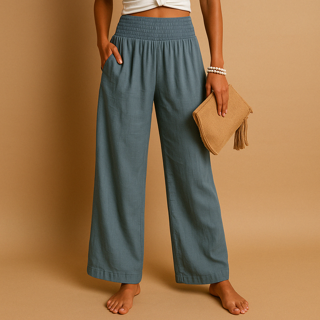 Women's Linen Trousers with Elastic Waist and Straight Legs