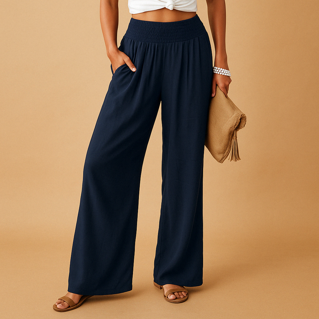 Women's Linen Trousers with Elastic Waist and Straight Legs