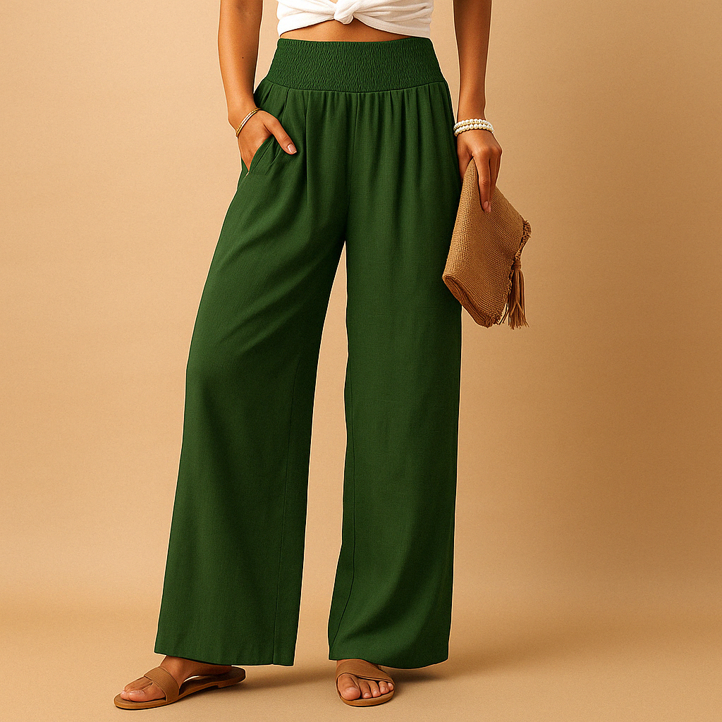 Women's Linen Trousers with Elastic Waist and Straight Legs