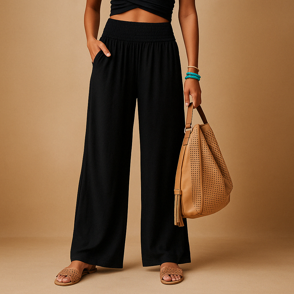 Women's Linen Trousers with Elastic Waist and Straight Legs