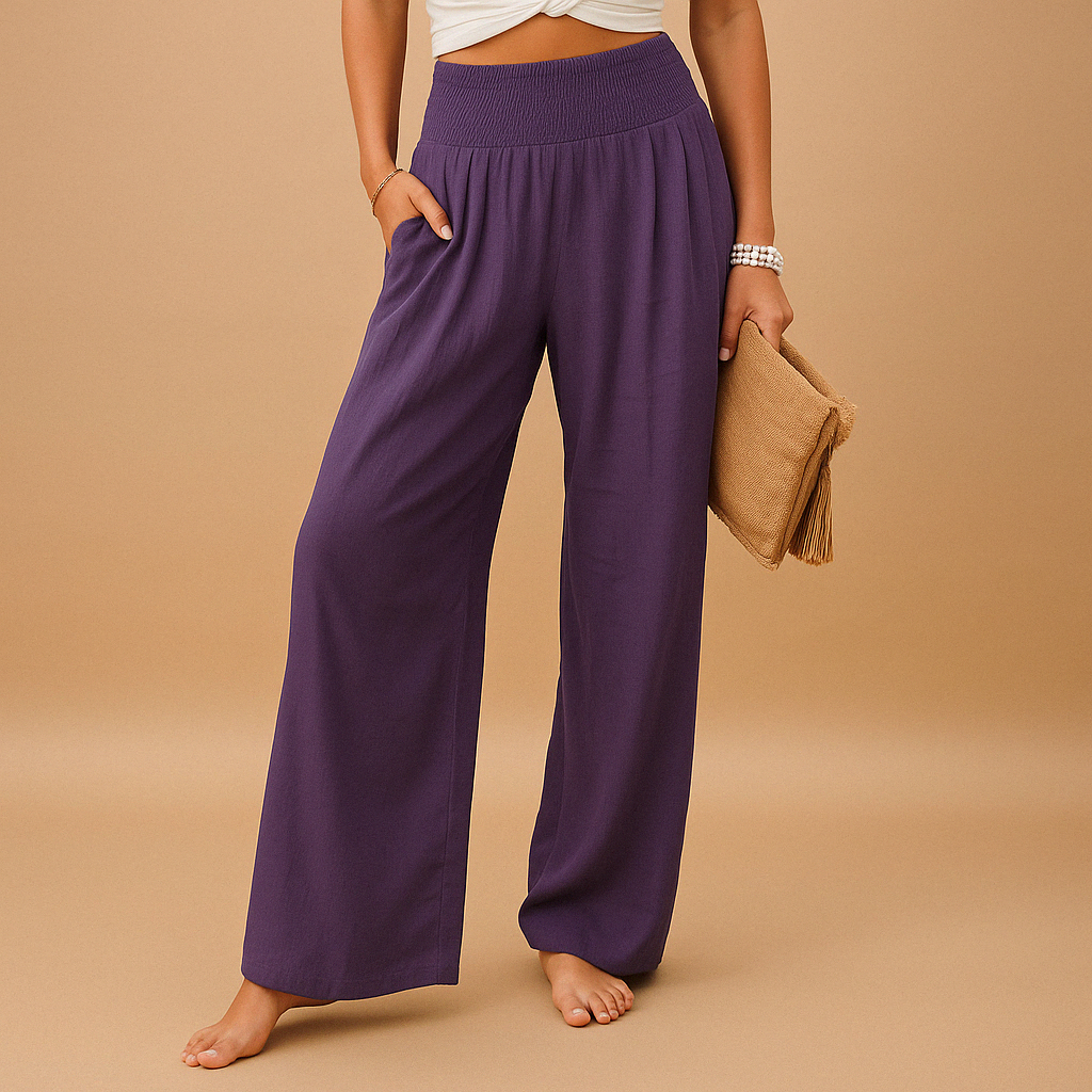 Women's Linen Trousers with Elastic Waist and Straight Legs
