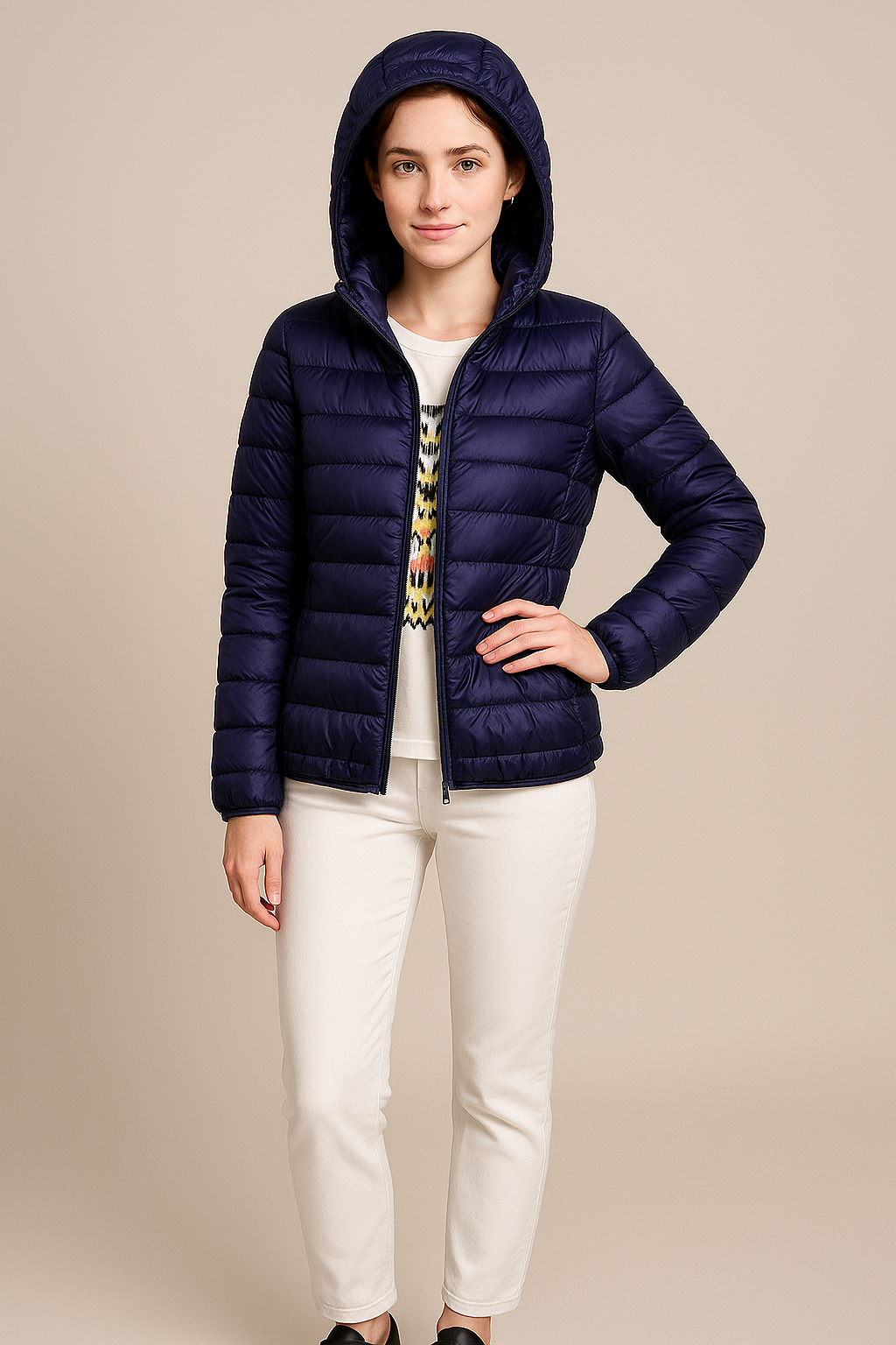 Women’s Tailored Quilted Down Jacket with Hood – Hip-Length Lightweight Design