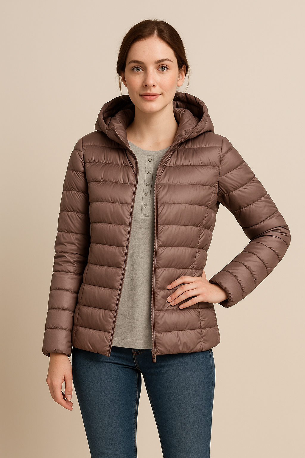 Women’s Tailored Quilted Down Jacket with Hood – Hip-Length Lightweight Design