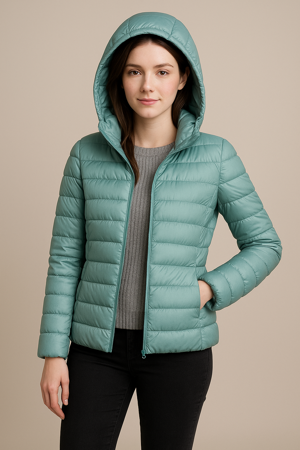 Women’s Tailored Quilted Down Jacket with Hood – Hip-Length Lightweight Design