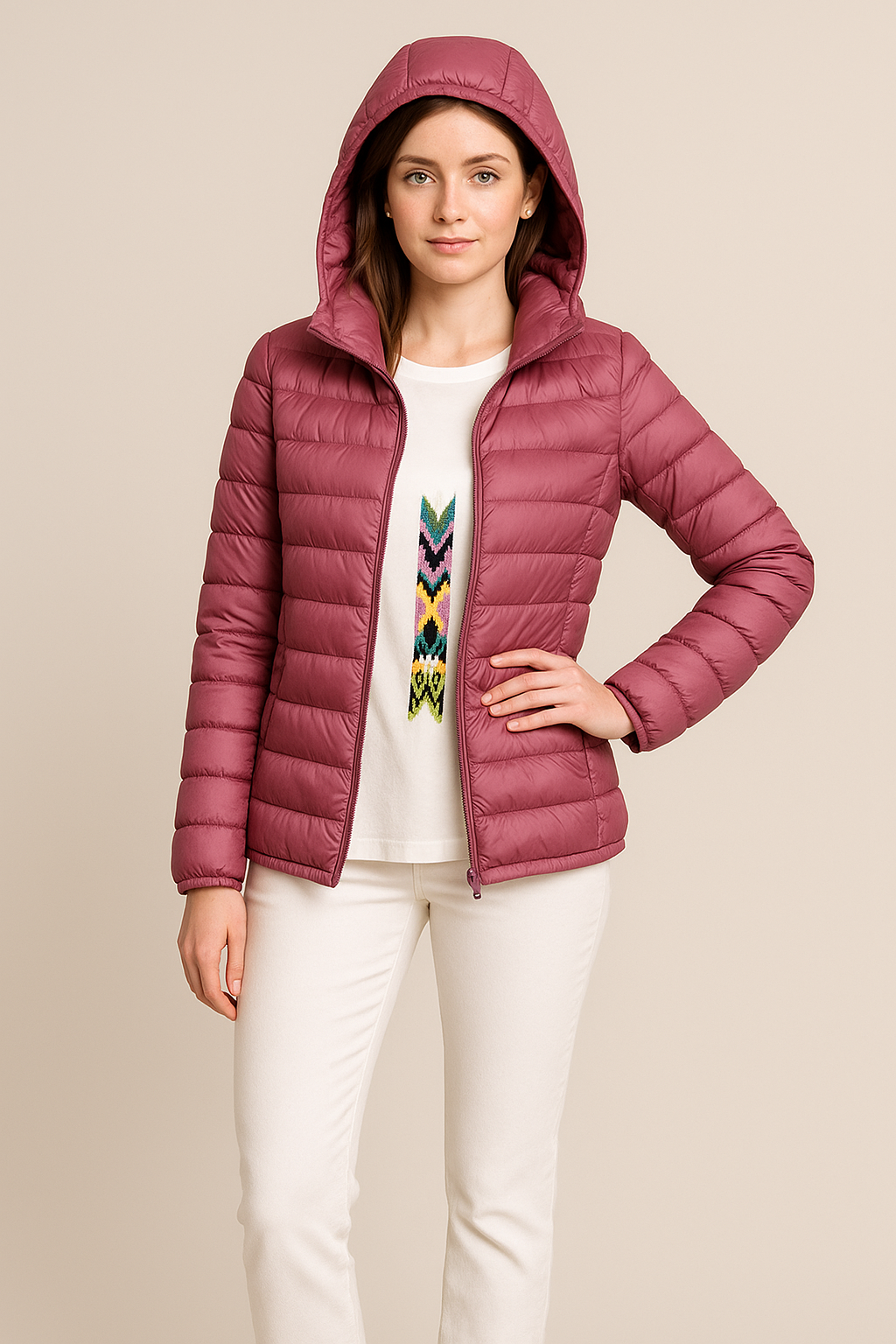 Women’s Tailored Quilted Down Jacket with Hood – Hip-Length Lightweight Design