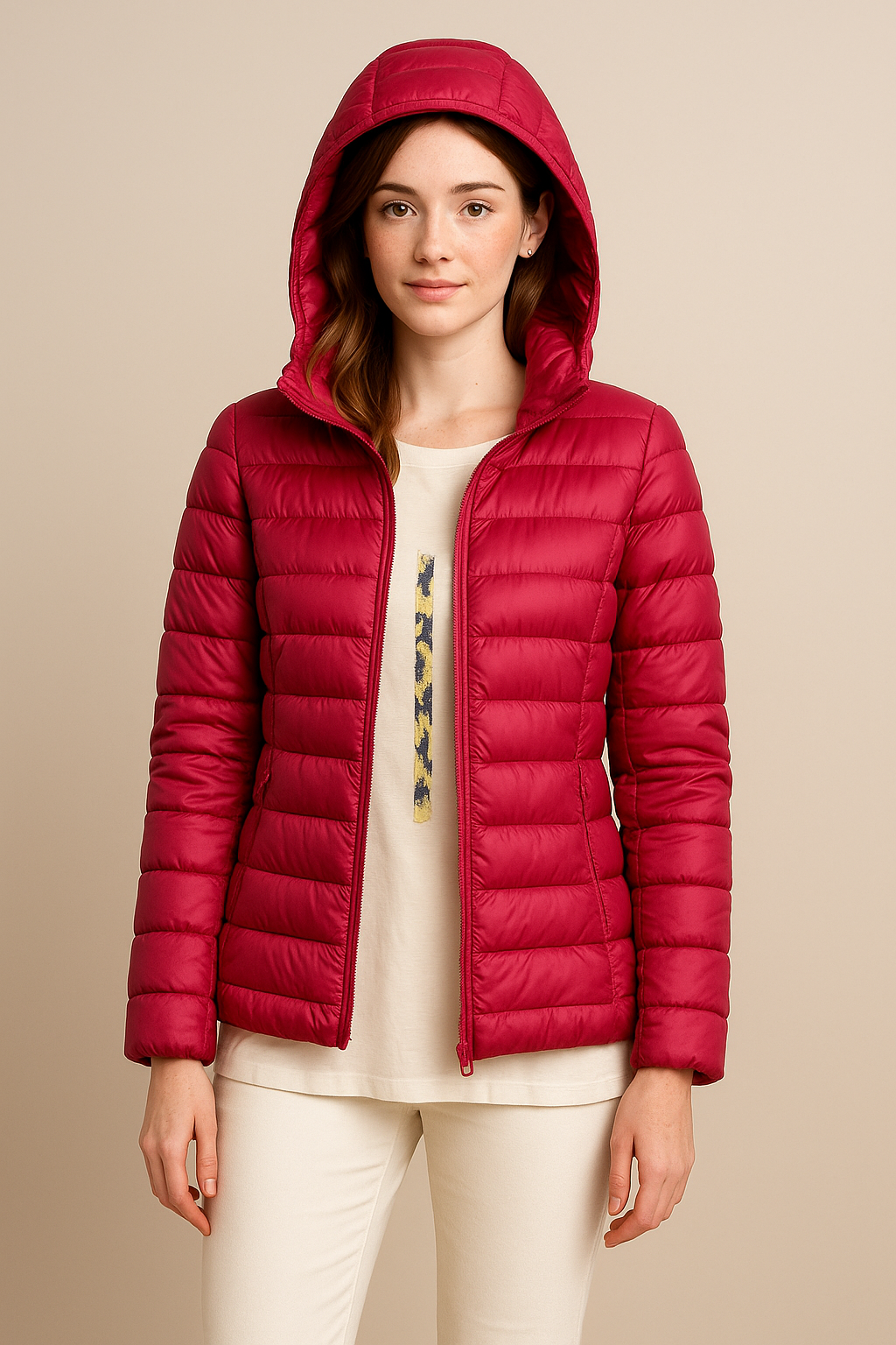 Women’s Tailored Quilted Down Jacket with Hood – Hip-Length Lightweight Design