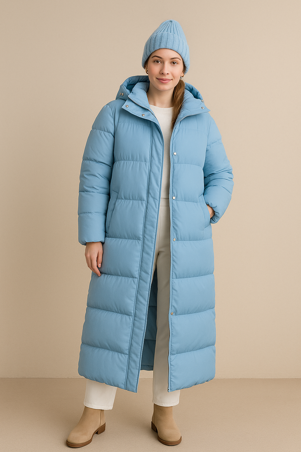 Women’s Oversized Quilted Puffer Jacket with High Collar and Full Zip