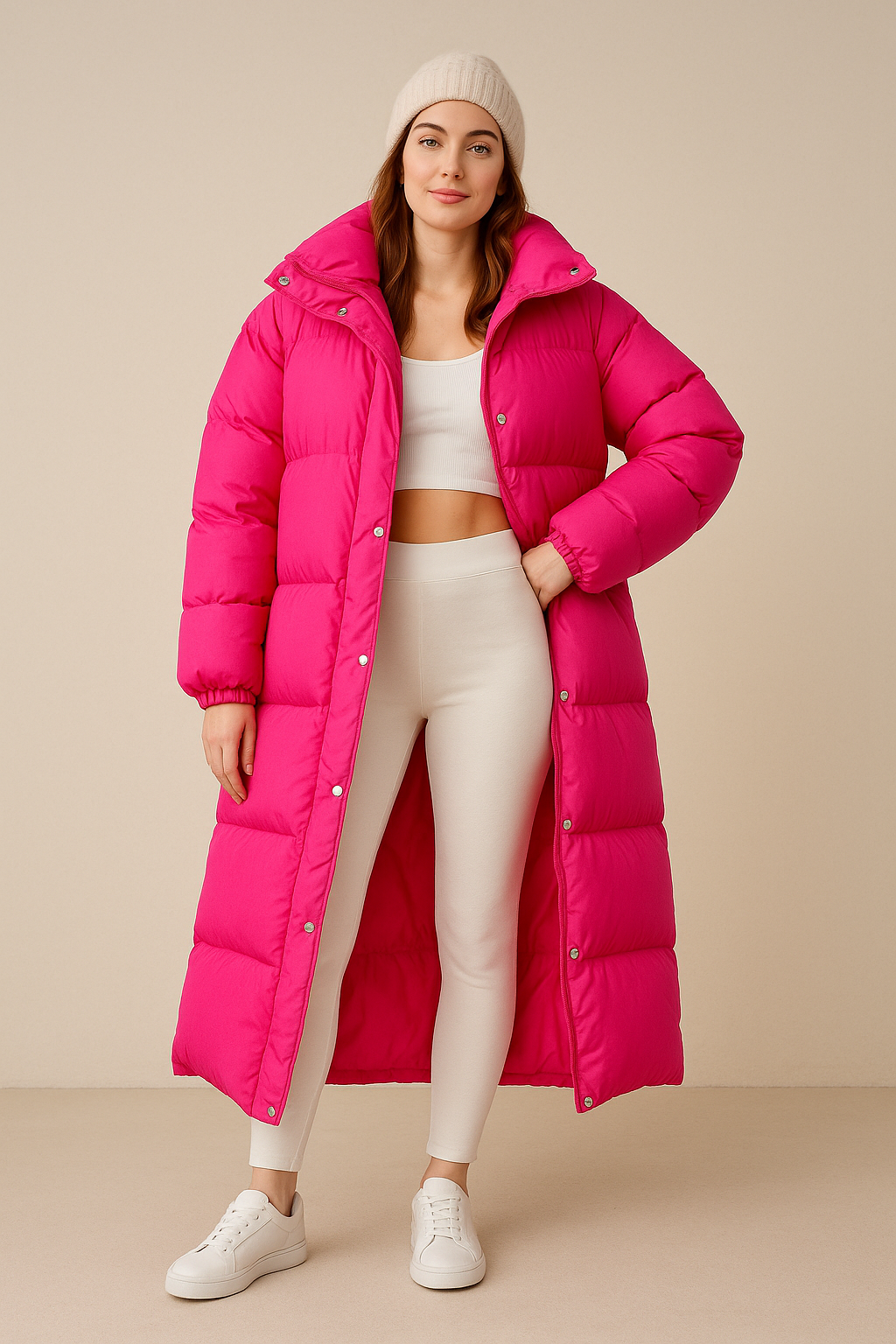 Women’s Oversized Quilted Puffer Jacket with High Collar and Full Zip