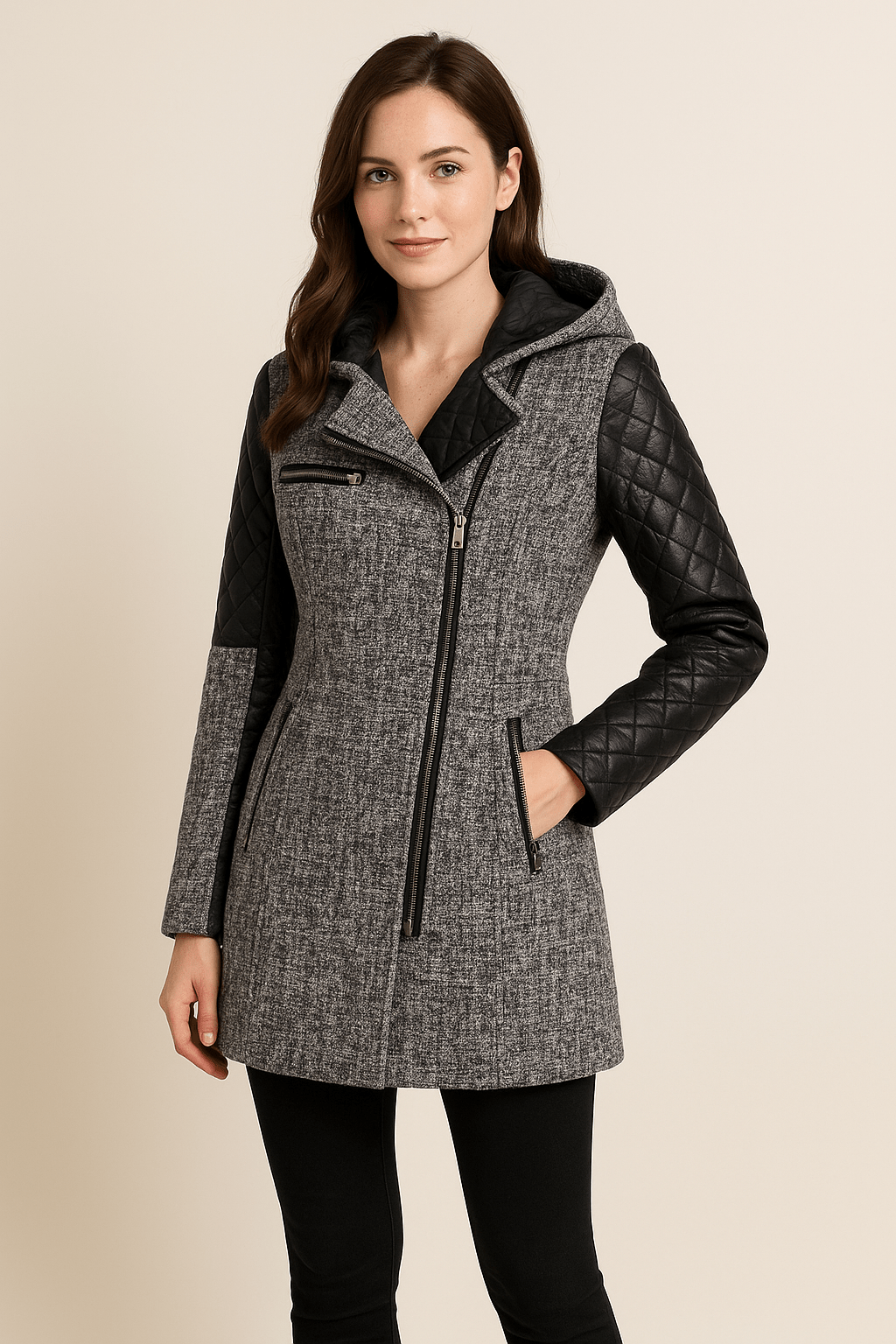 Women’s Tailored Jacket with Quilted Sleeves and Asymmetrical Zip Hooded Design