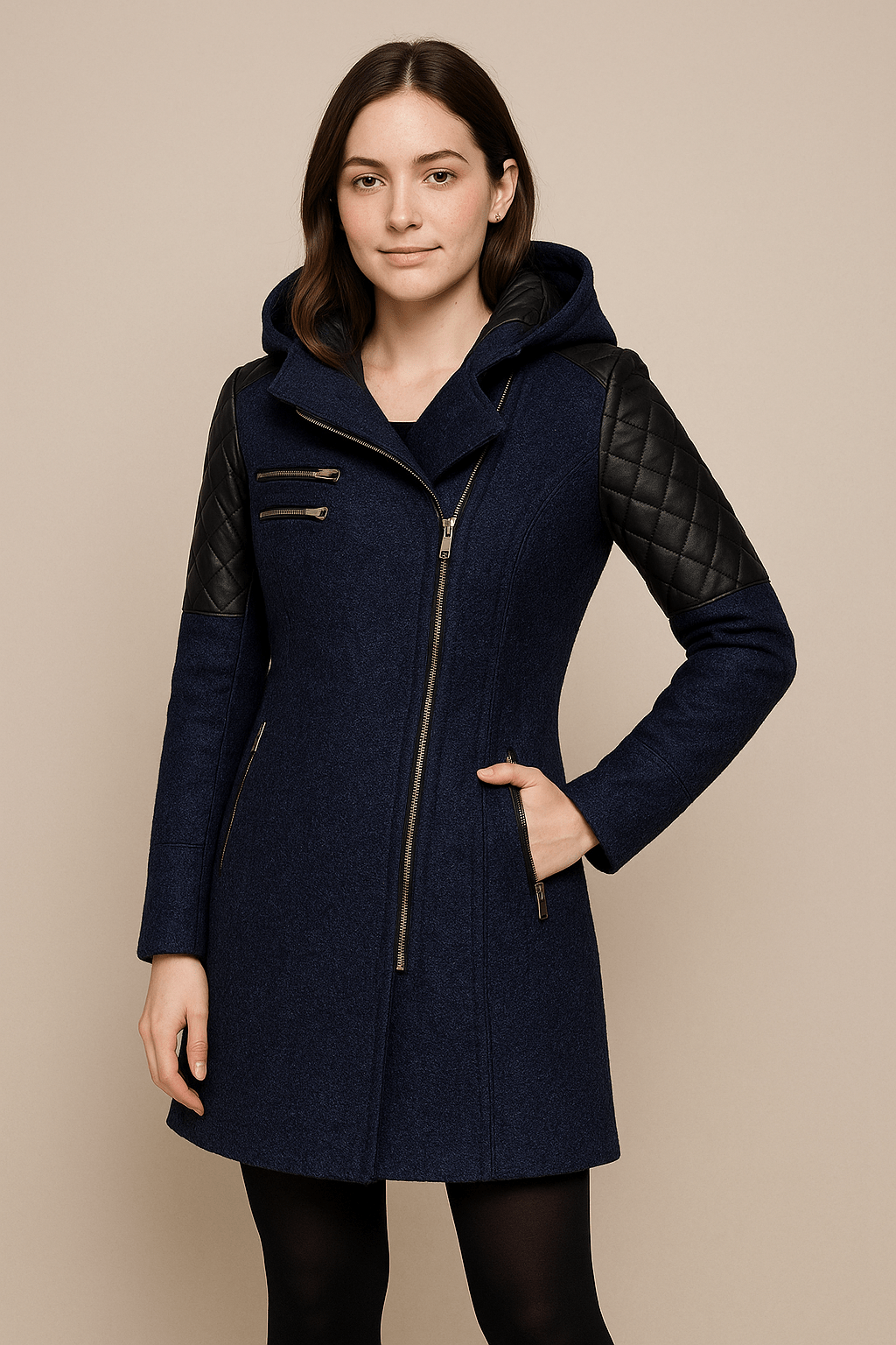 Women’s Tailored Jacket with Quilted Sleeves and Asymmetrical Zip Hooded Design