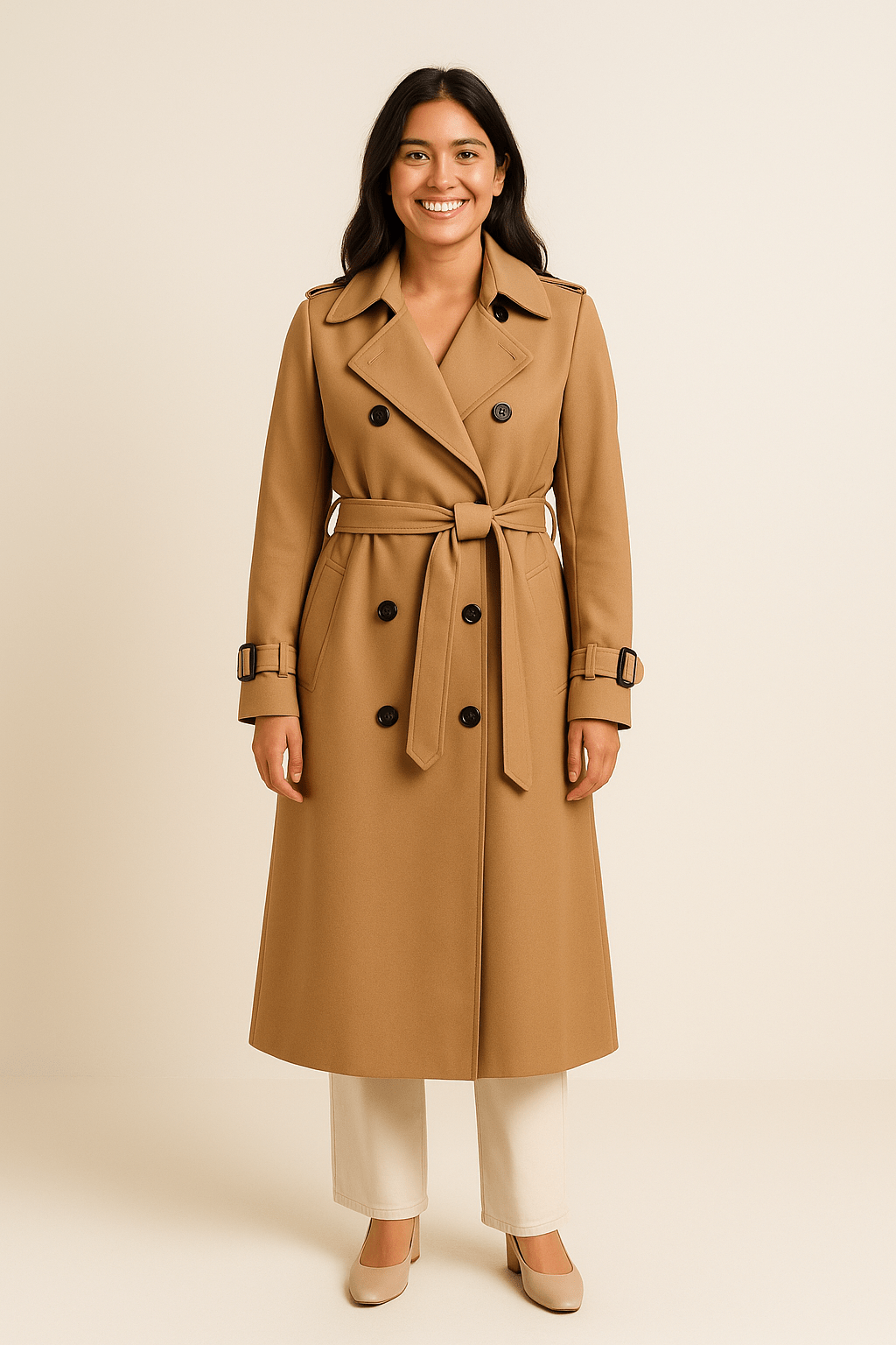 Women’s Double-Breasted Trench Coat with Belted Waist