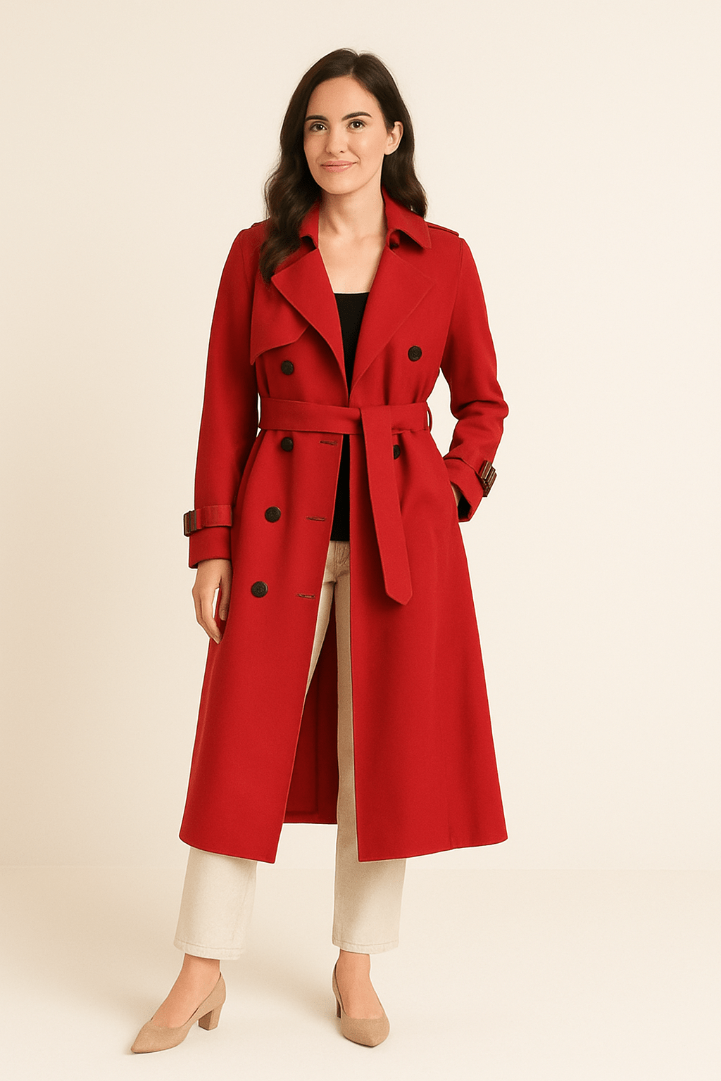 Women’s Double-Breasted Trench Coat with Belted Waist