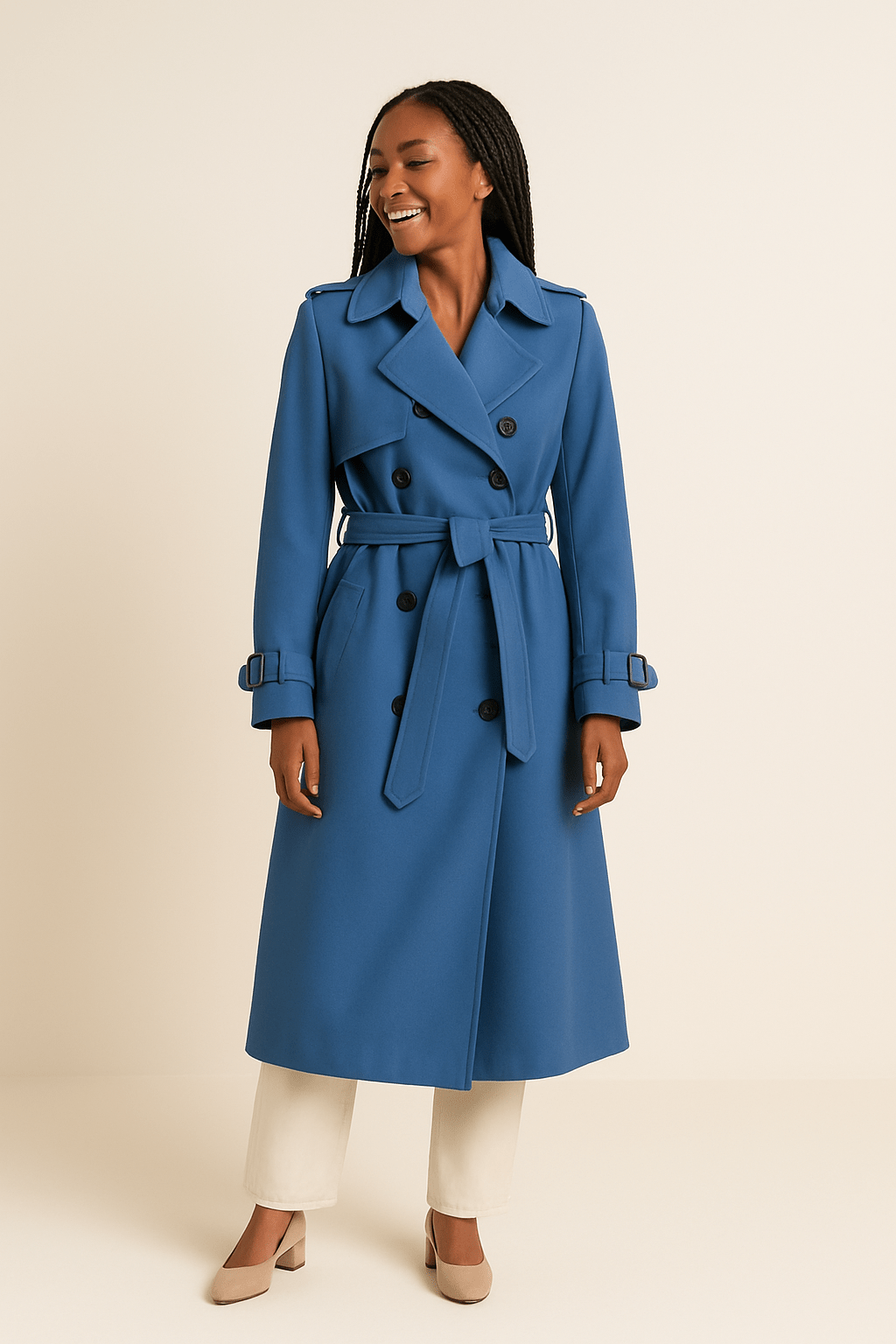 Women’s Double-Breasted Trench Coat with Belted Waist