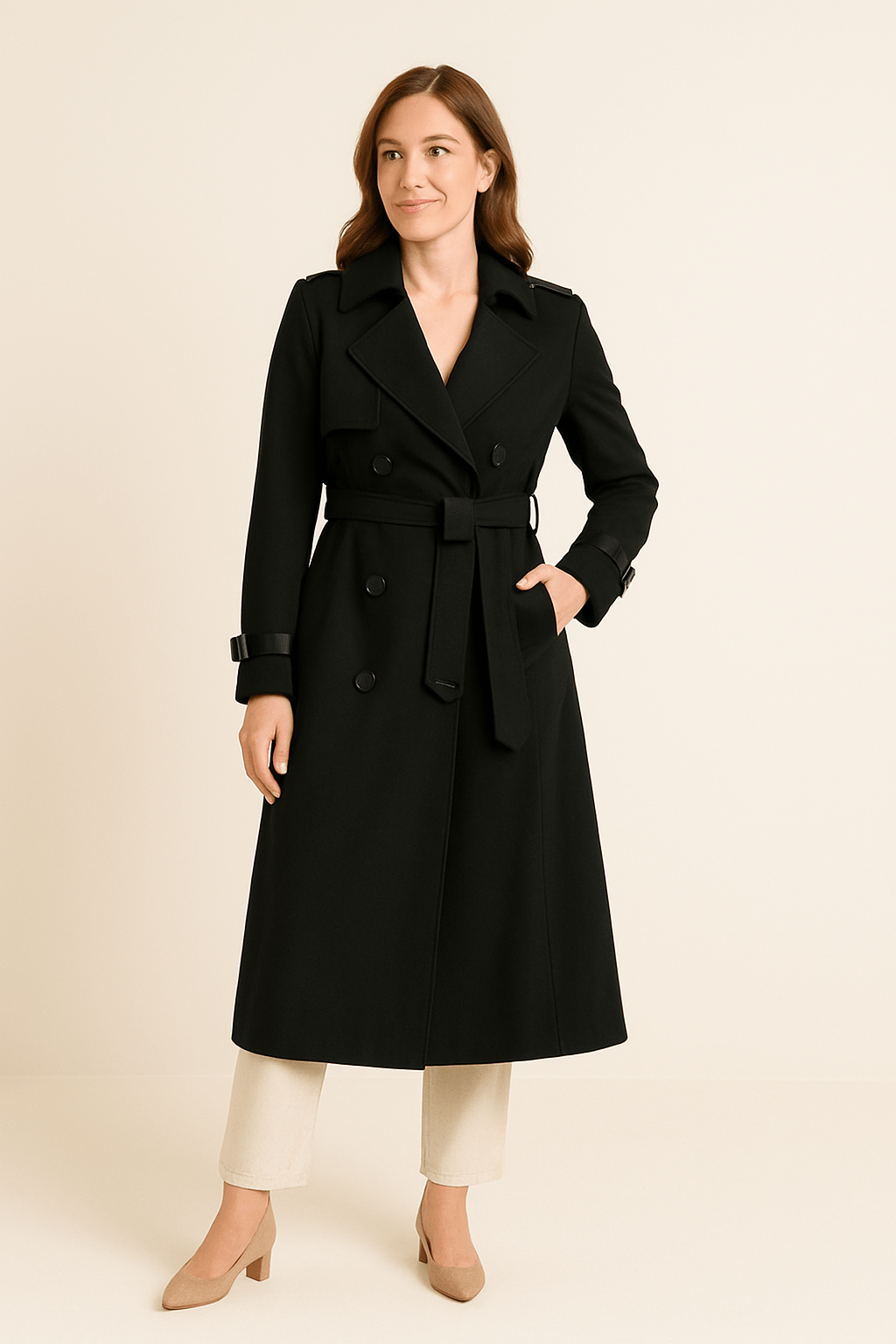 Women’s Double-Breasted Trench Coat with Belted Waist