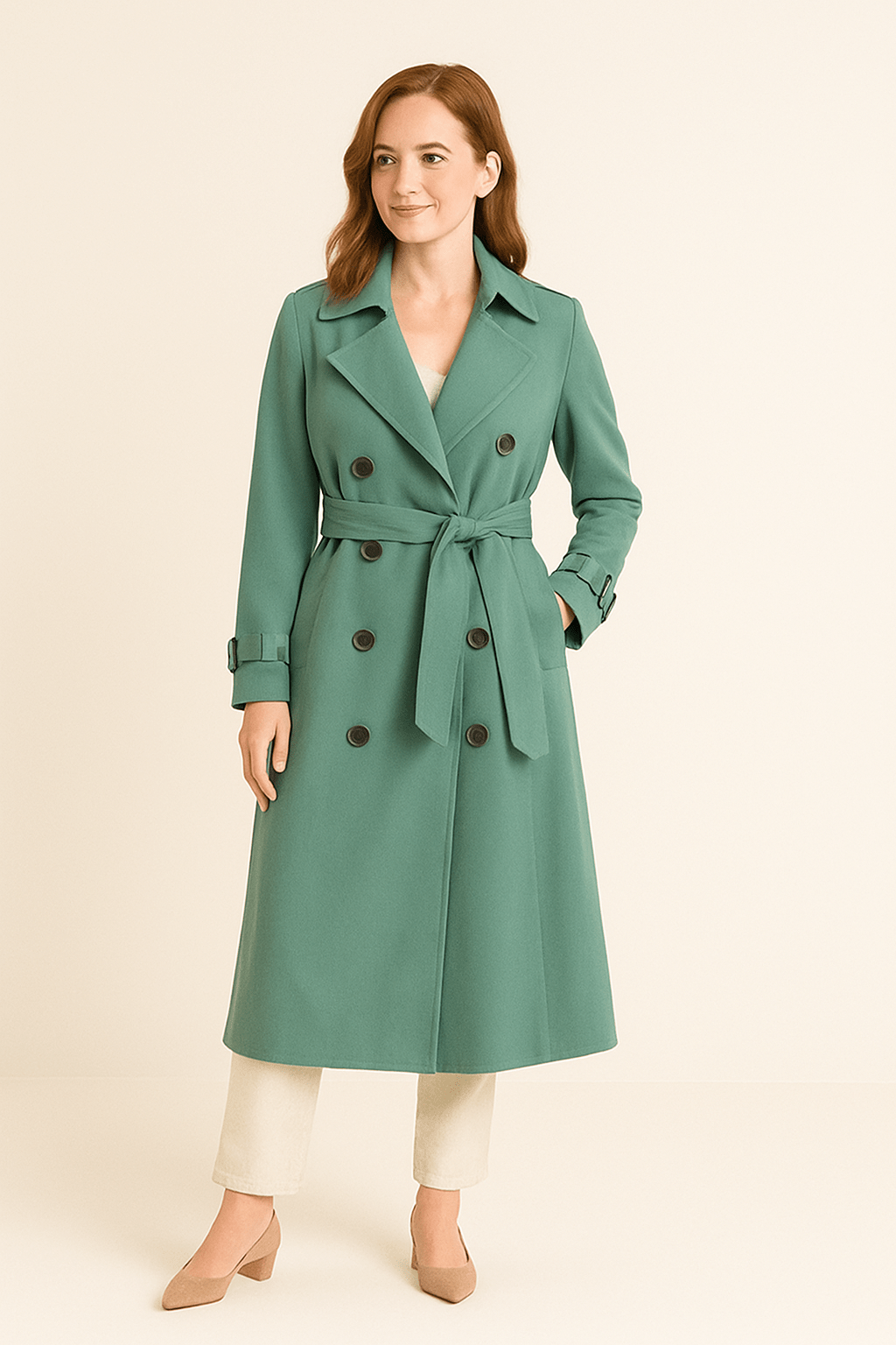 Women’s Double-Breasted Trench Coat with Belted Waist