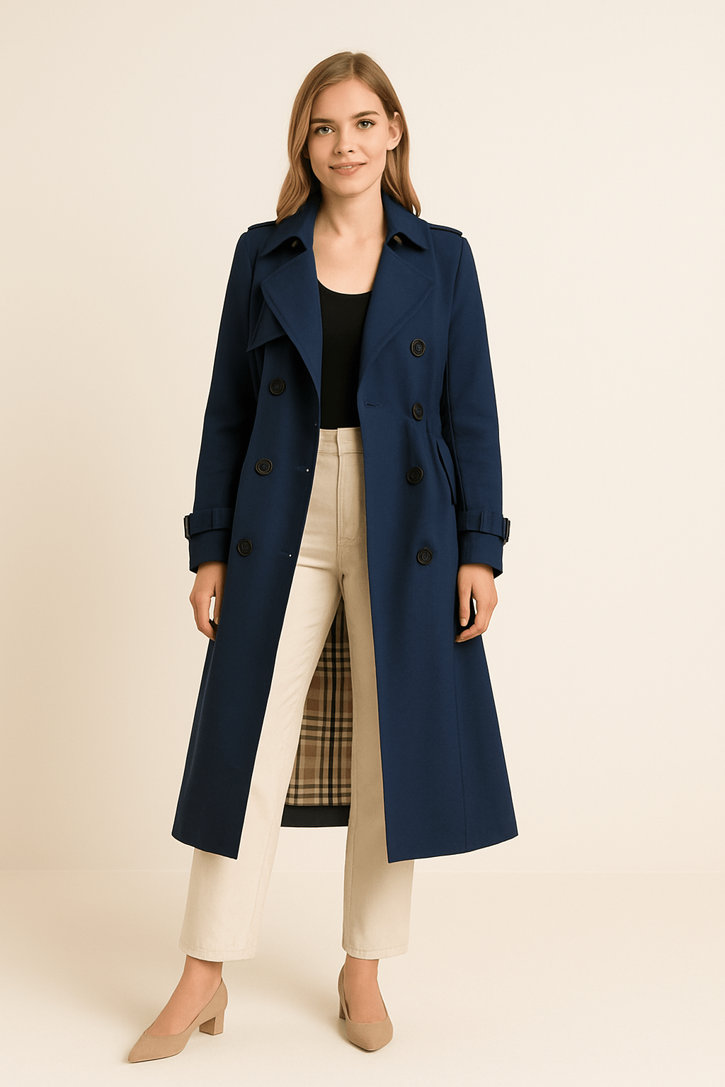 Women’s Double-Breasted Trench Coat with Belted Waist