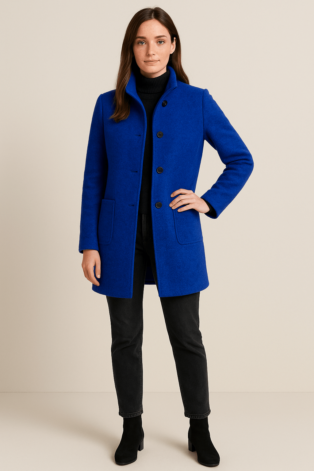 Women’s Wool Coat with Stand Collar and Pockets