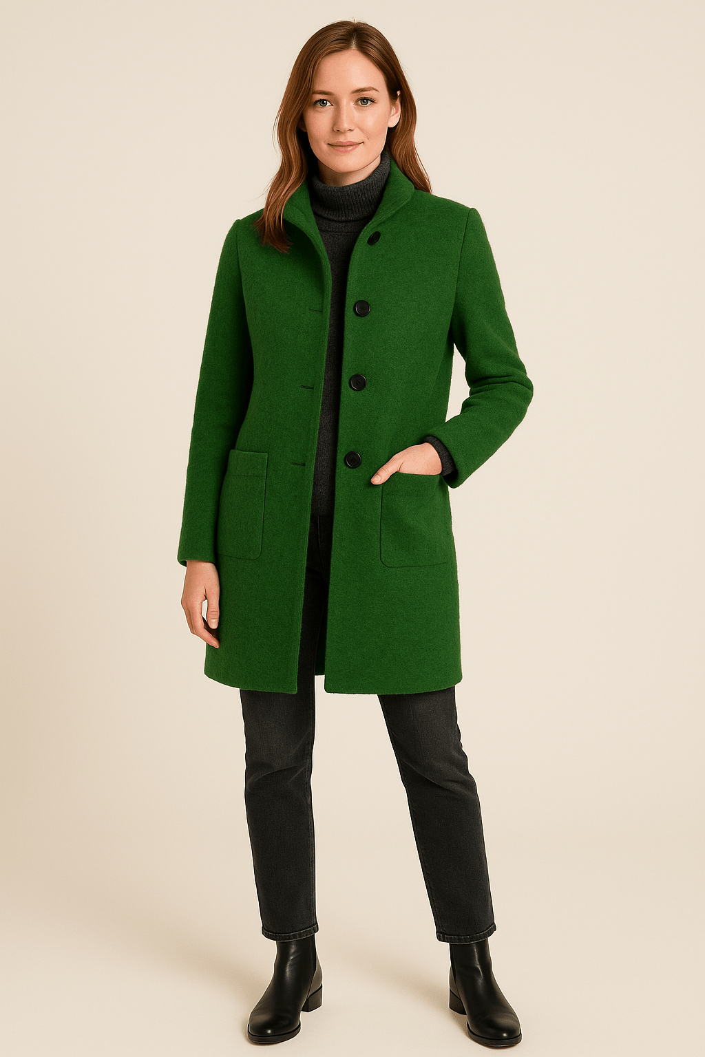 Women’s Wool Coat with Stand Collar and Pockets