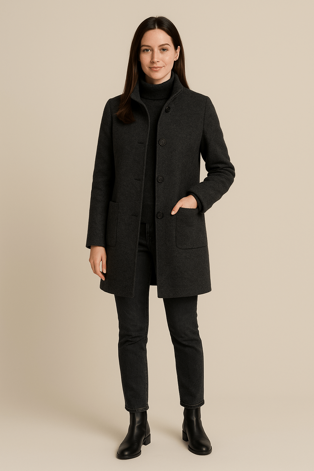 Women’s Wool Coat with Stand Collar and Pockets