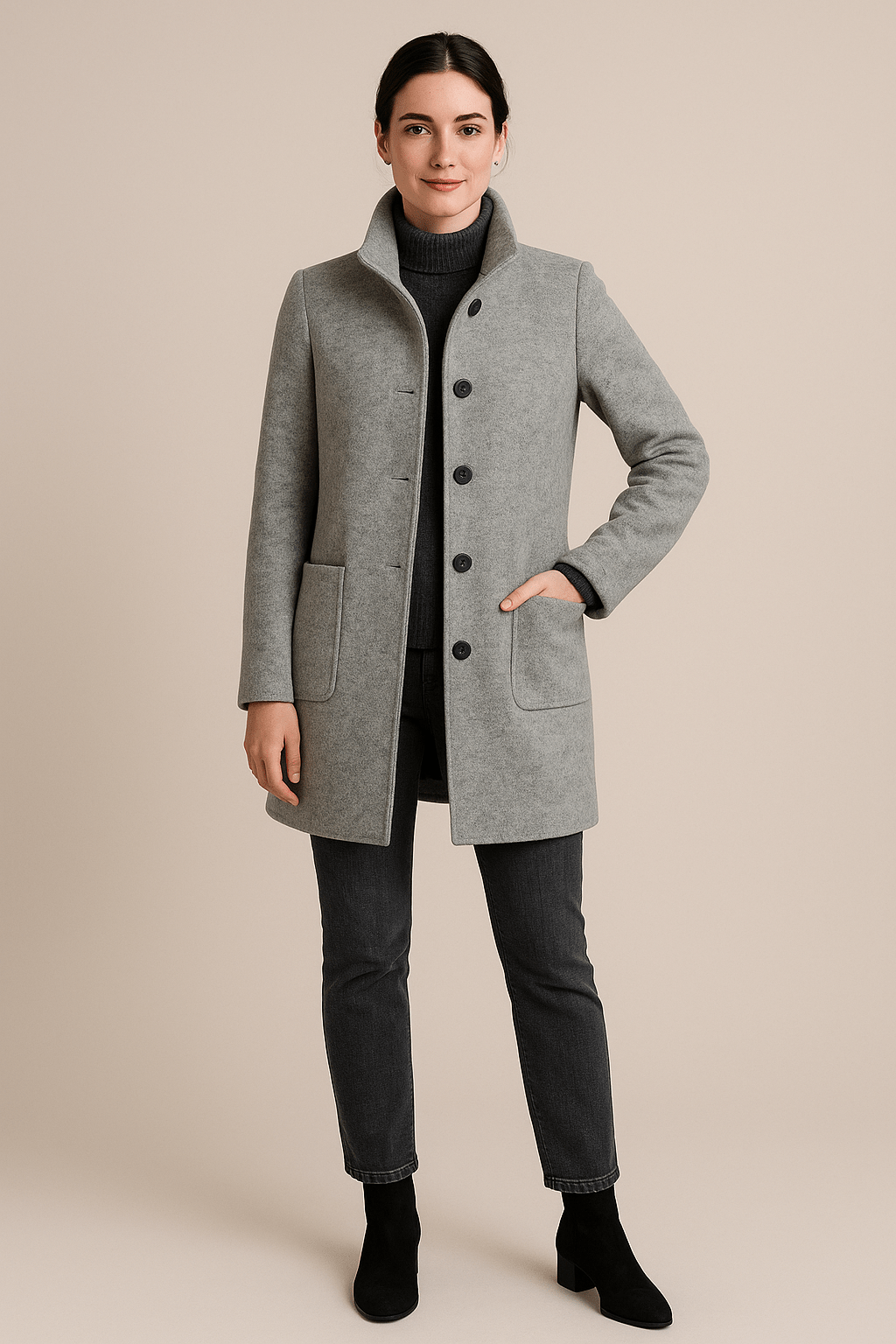 Women’s Wool Coat with Stand Collar and Pockets
