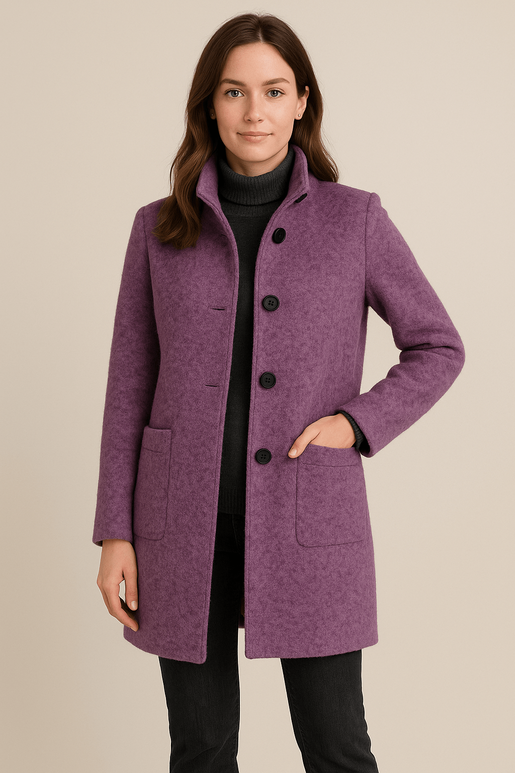 Women’s Wool Coat with Stand Collar and Pockets