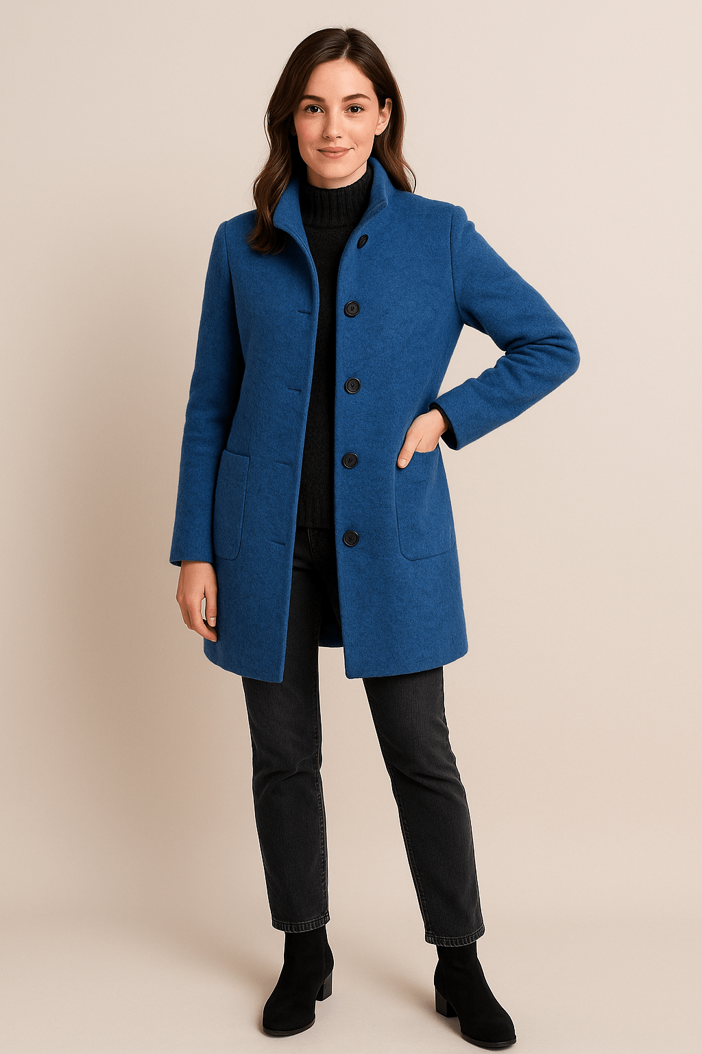 Women’s Wool Coat with Stand Collar and Pockets