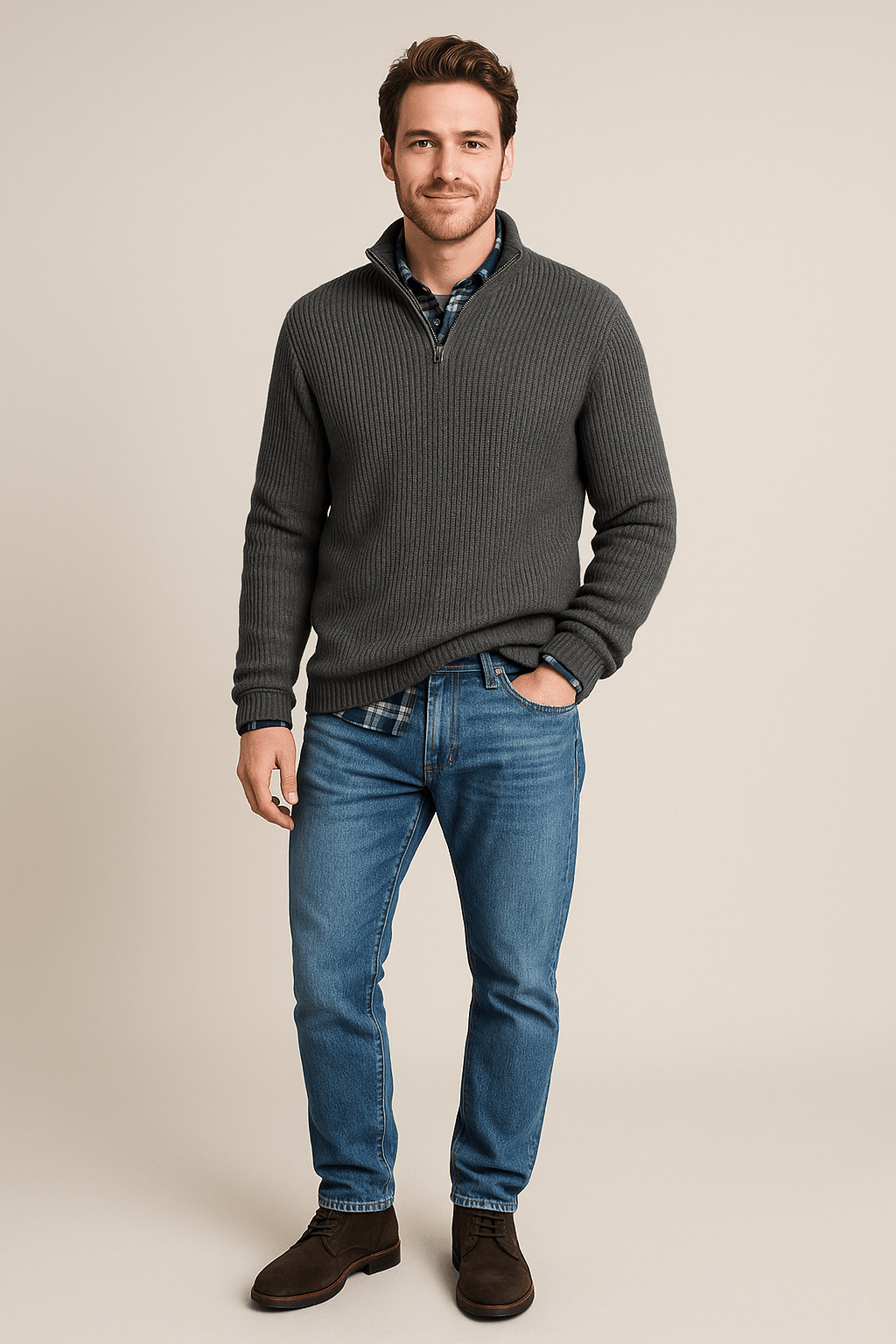 Men’s Half-Zip Sweater – Ribbed Knit Pullover with High Collar