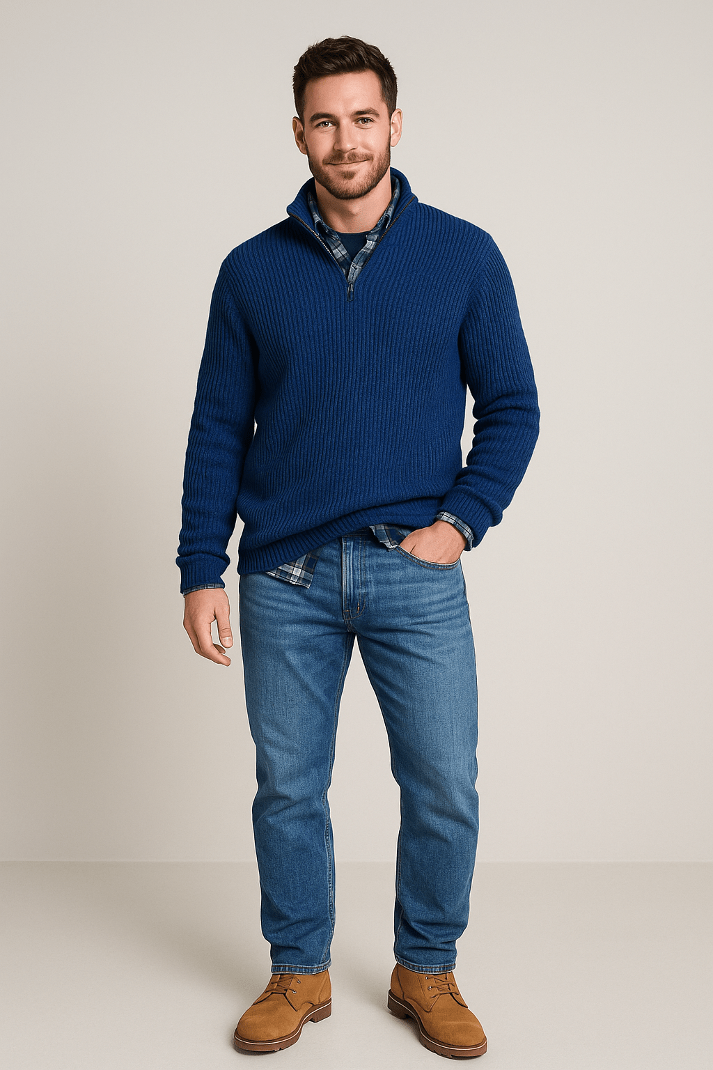 Men’s Half-Zip Sweater – Ribbed Knit Pullover with High Collar