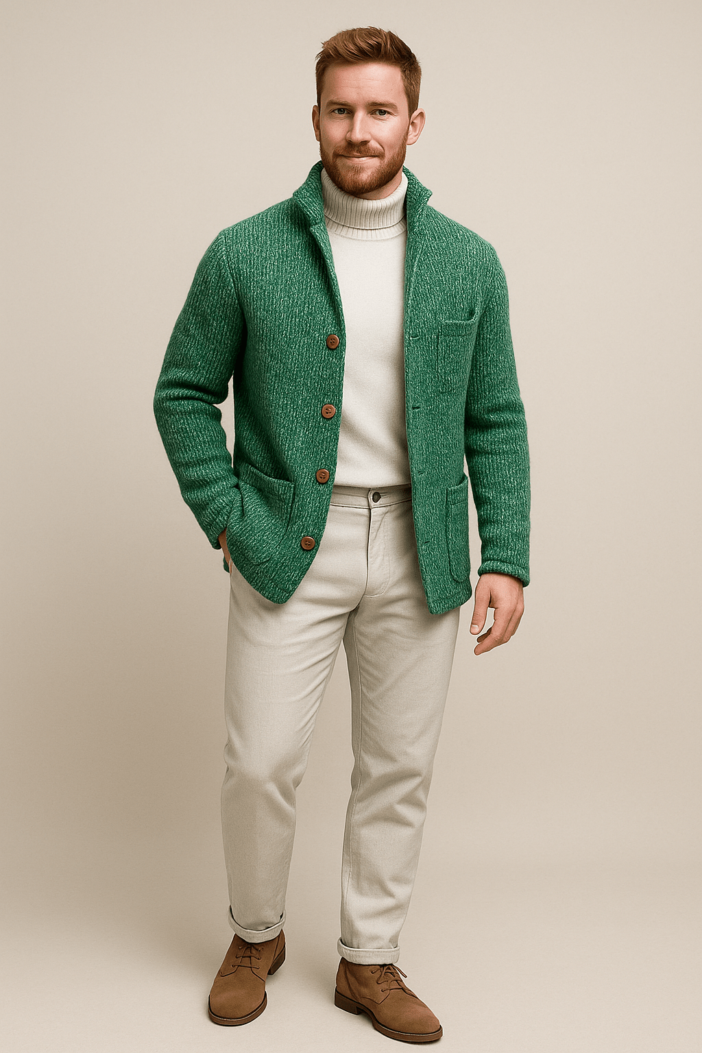 Men’s Chunky Knit Cardigan – Button-Up Sweater with Stand Collar