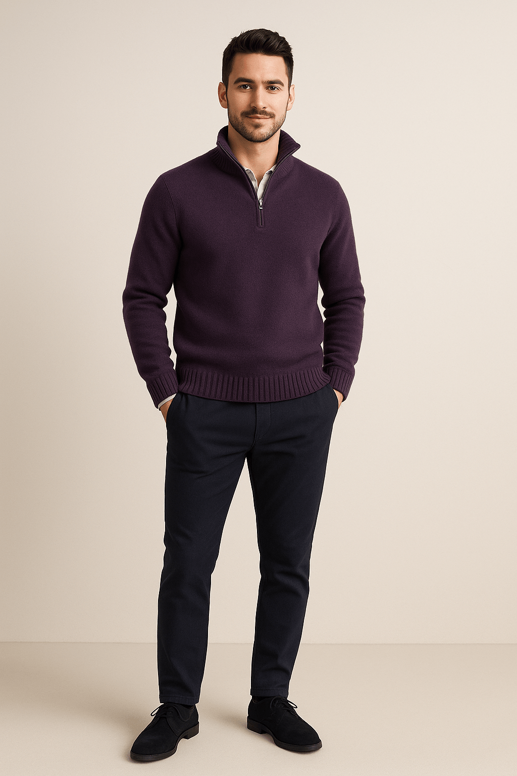 Men’s Quarter-Zip Sweater – Ribbed Knit Pullover with High Collar