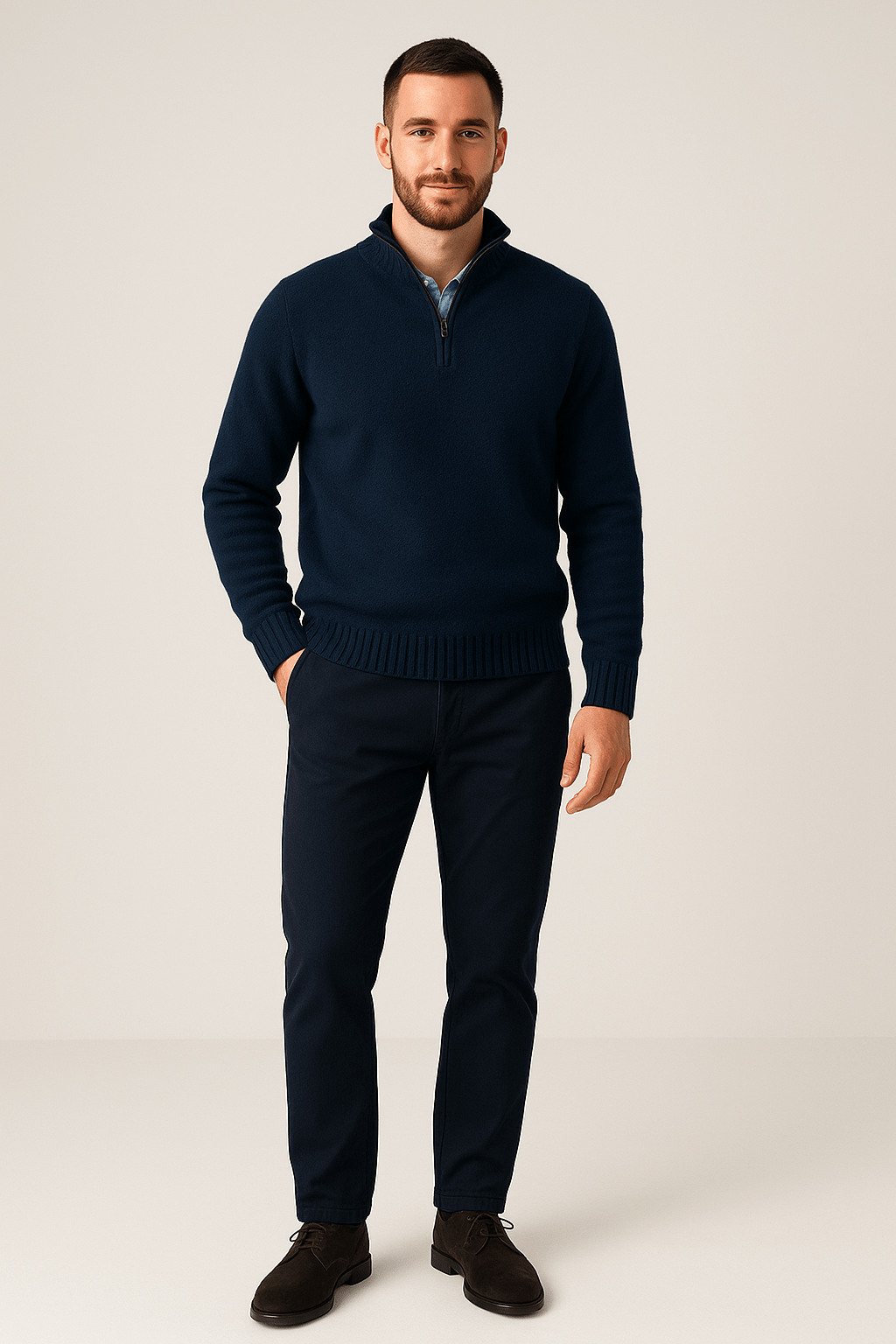 Men’s Quarter-Zip Sweater – Ribbed Knit Pullover with High Collar