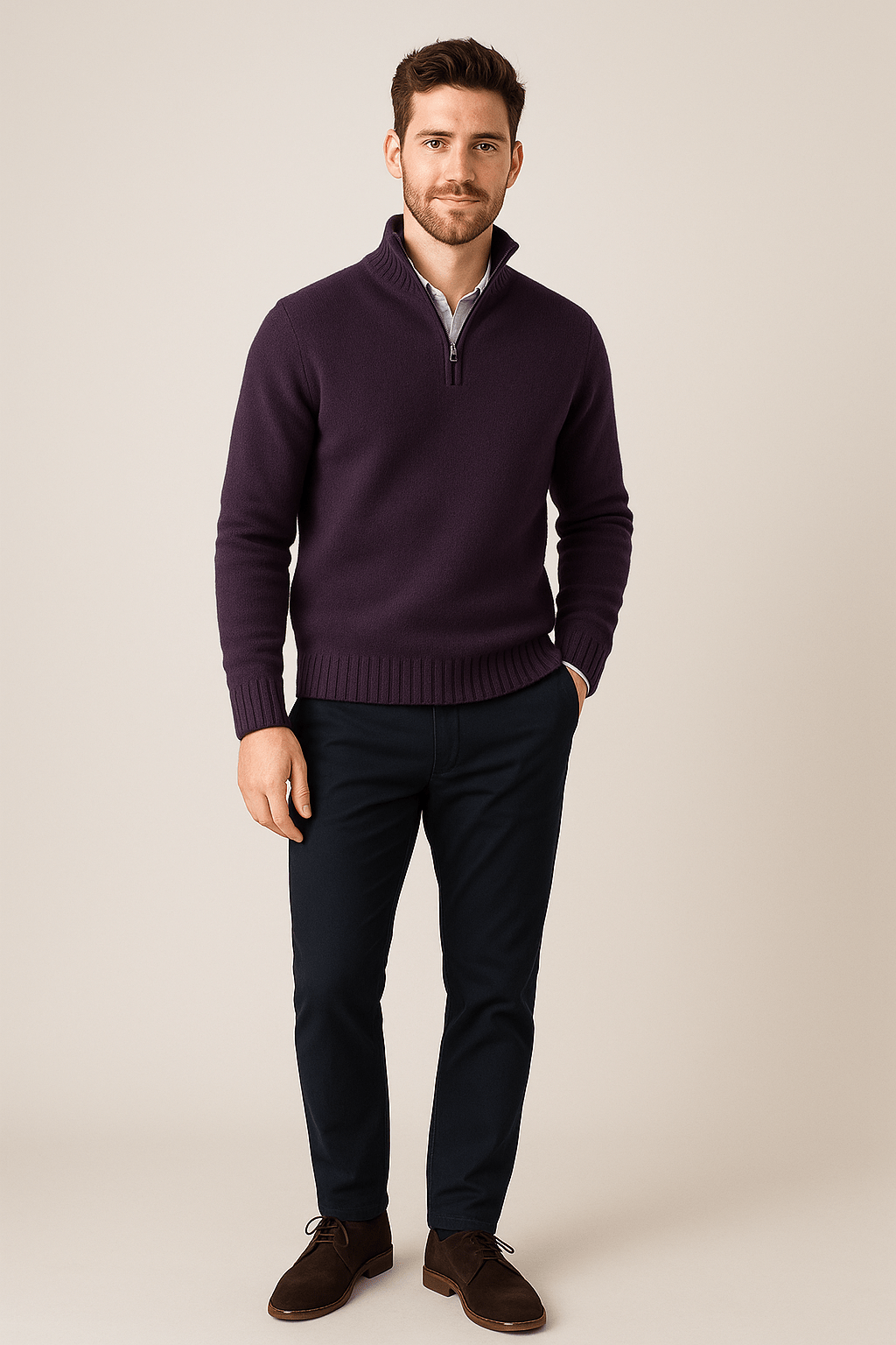 Men’s Quarter-Zip Sweater – Ribbed Knit Pullover with High Collar
