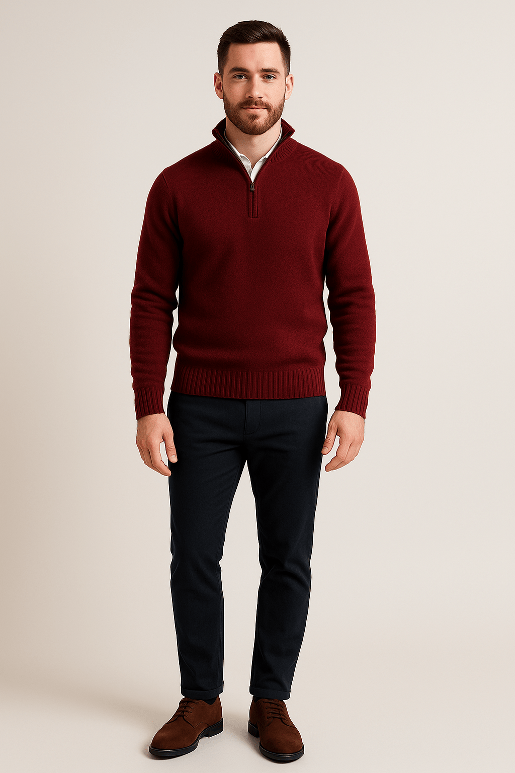 Men’s Quarter-Zip Sweater – Ribbed Knit Pullover with High Collar