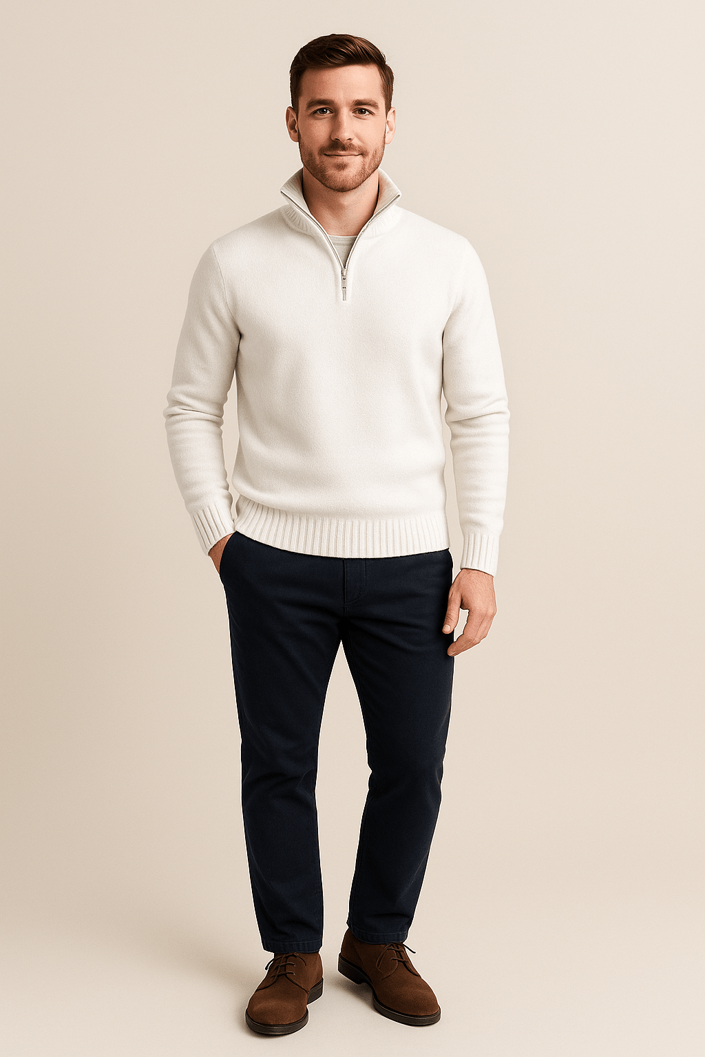 Men’s Quarter-Zip Sweater – Ribbed Knit Pullover with High Collar