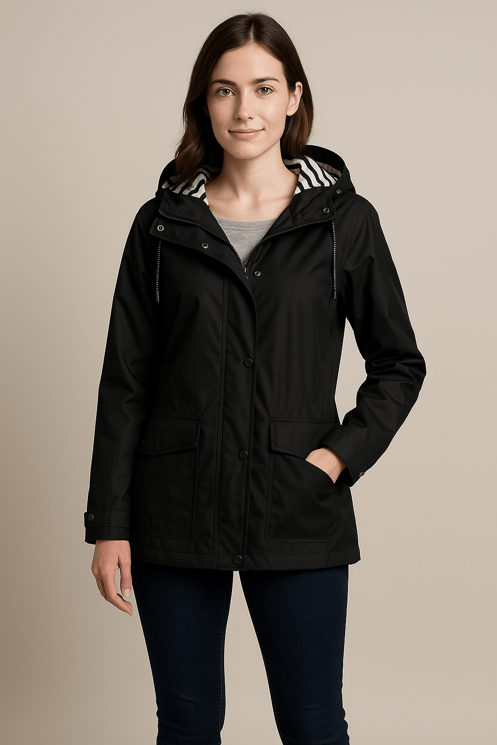 Women’s Mid-Length Raincoat with Adjustable Hood