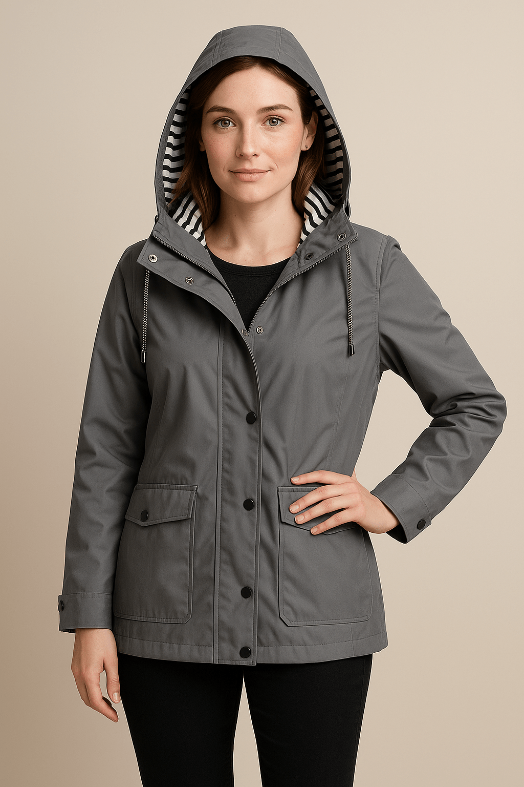 Women’s Mid-Length Raincoat with Adjustable Hood
