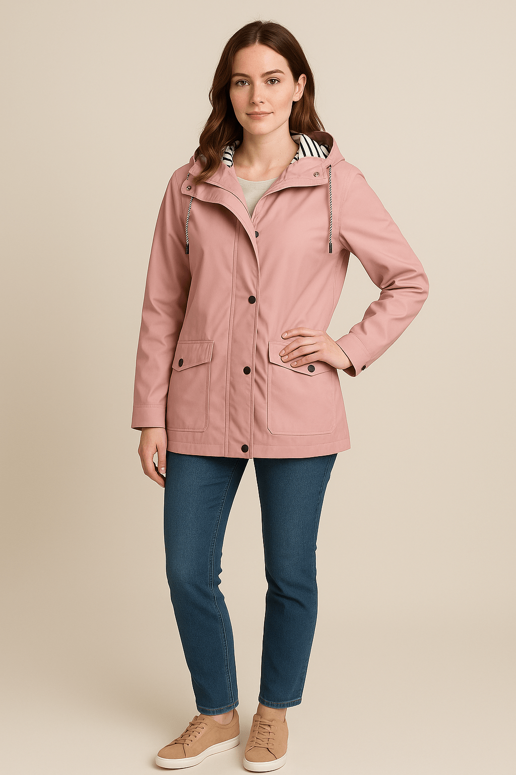Women’s Mid-Length Raincoat with Adjustable Hood