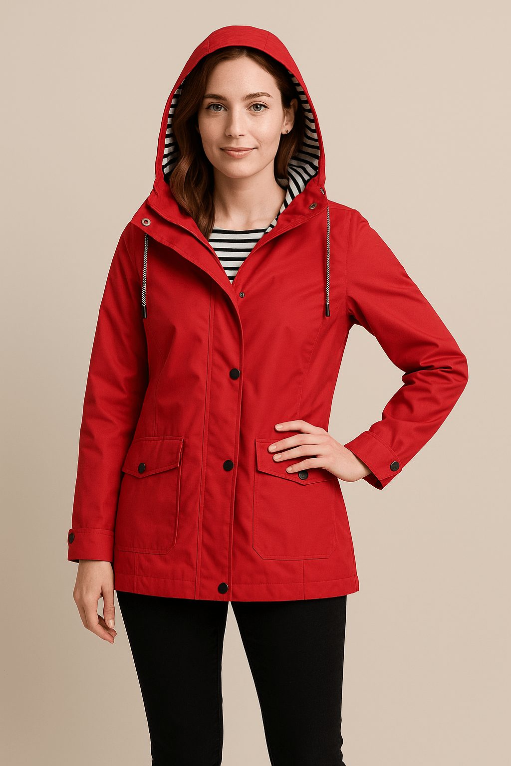 Women’s Mid-Length Raincoat with Adjustable Hood