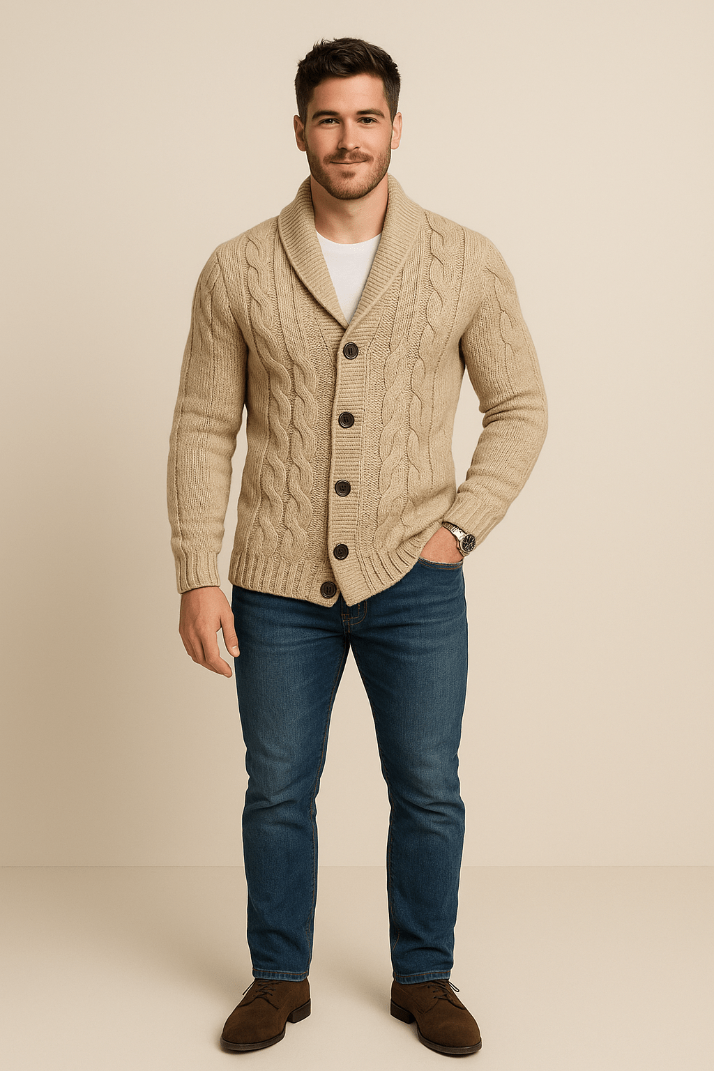 Men’s Cable Knit Cardigan – Button-Up Shawl Collar Sweater