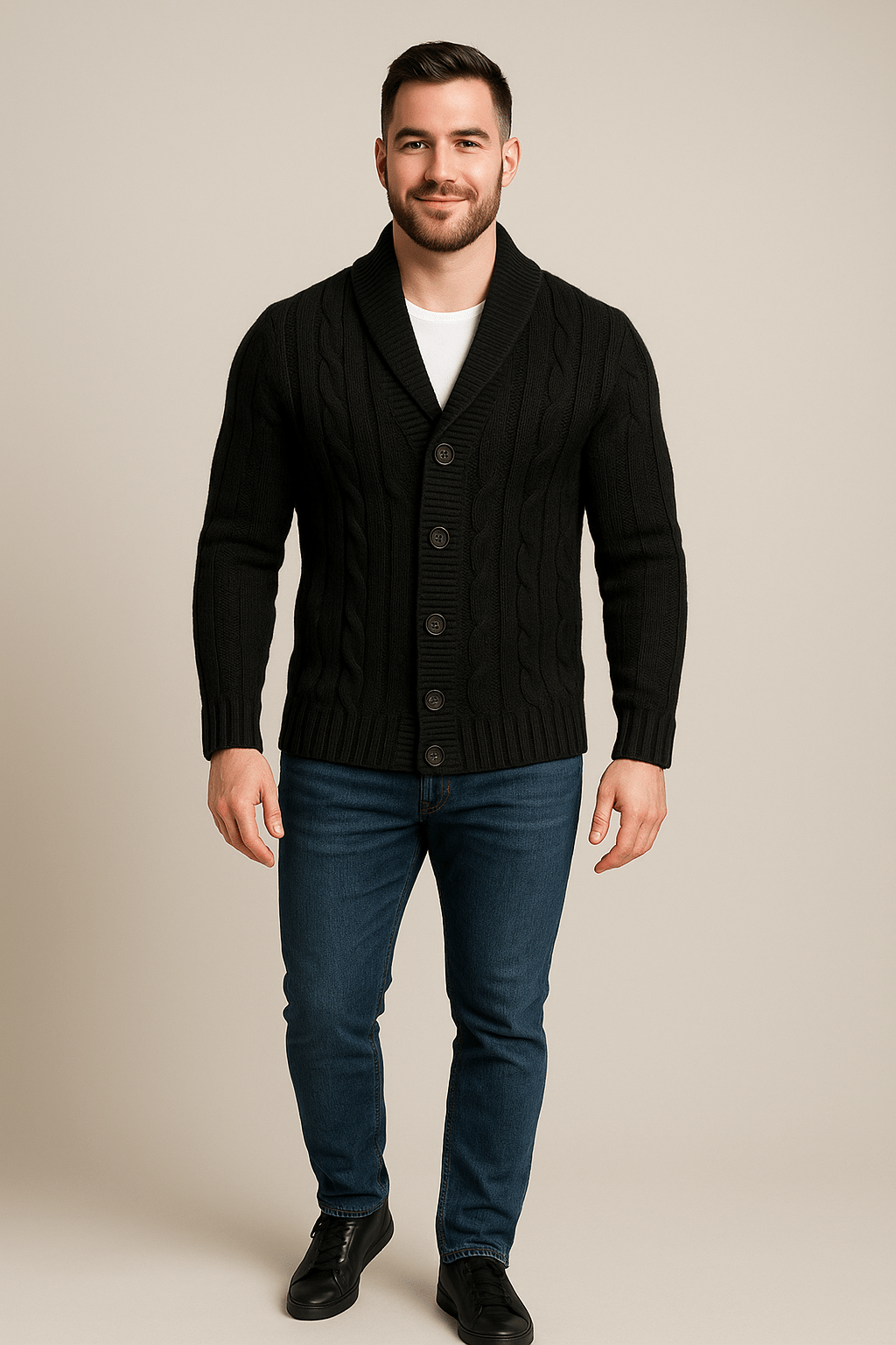 Men’s Cable Knit Cardigan – Button-Up Shawl Collar Sweater