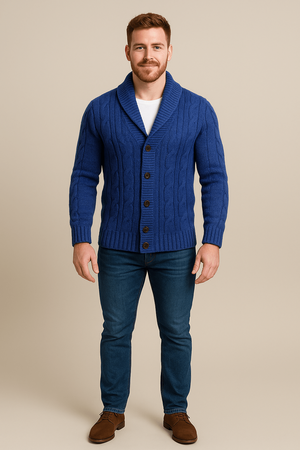 Men’s Cable Knit Cardigan – Button-Up Shawl Collar Sweater