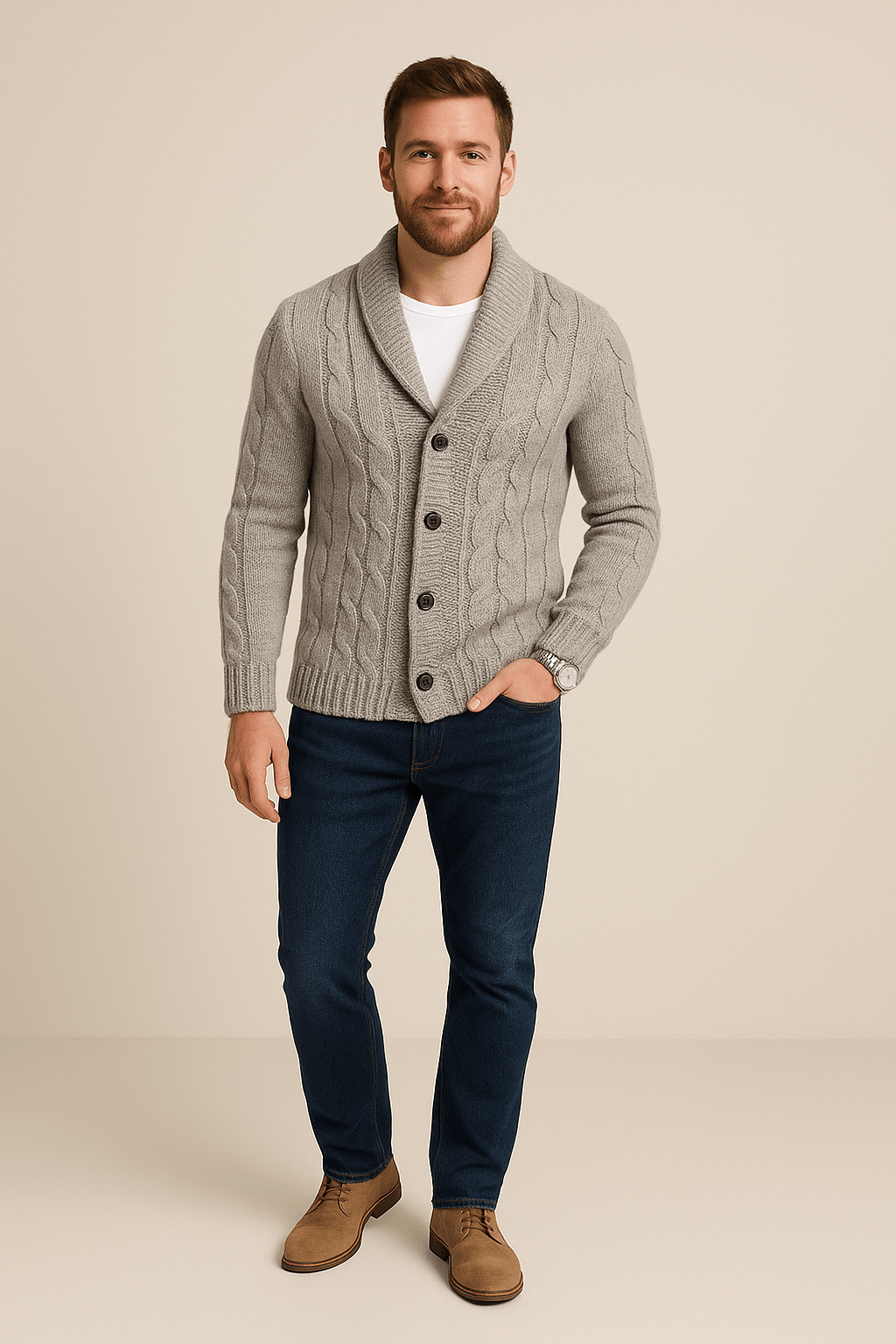 Men’s Cable Knit Cardigan – Button-Up Shawl Collar Sweater