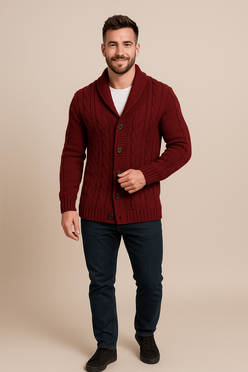 Men’s Cable Knit Cardigan – Button-Up Shawl Collar Sweater