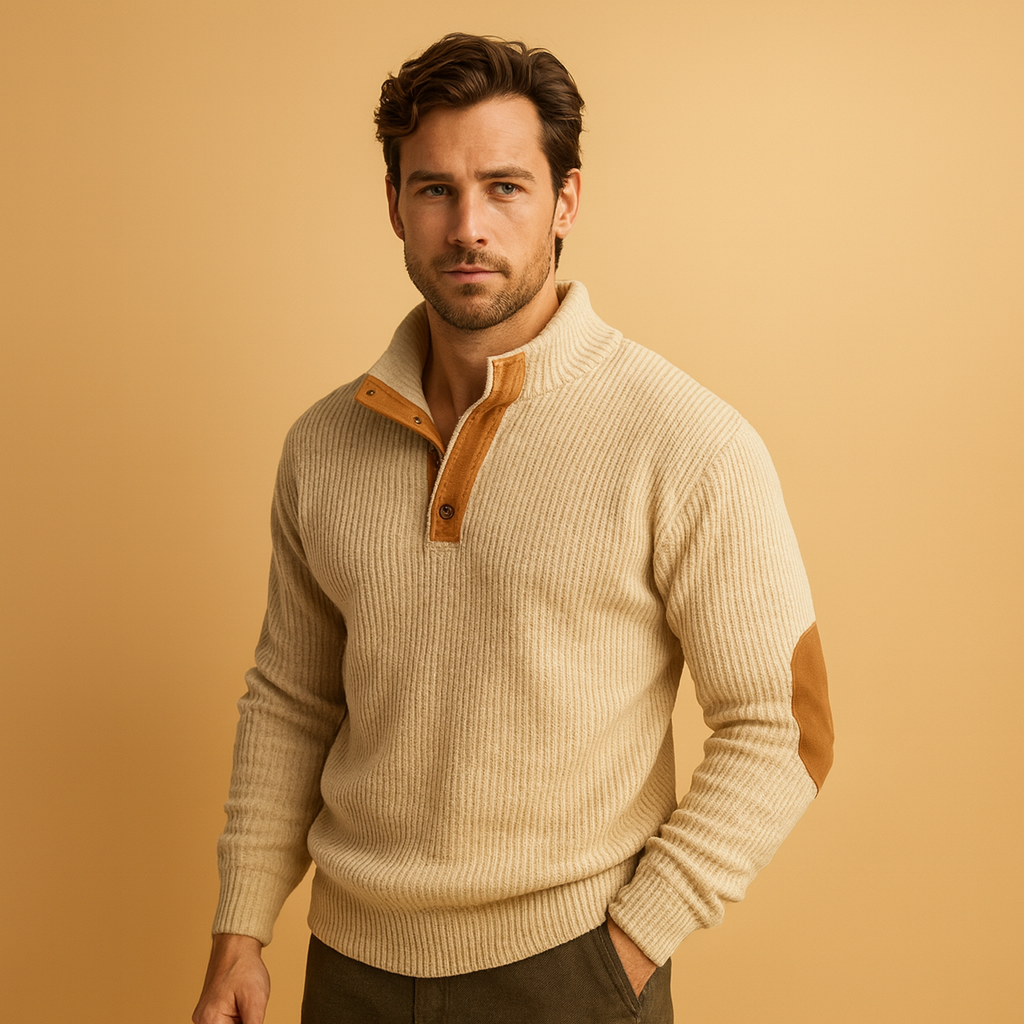 Men’s Ribbed Cotton Jumper with Buttoned Collar – Casual Pullover