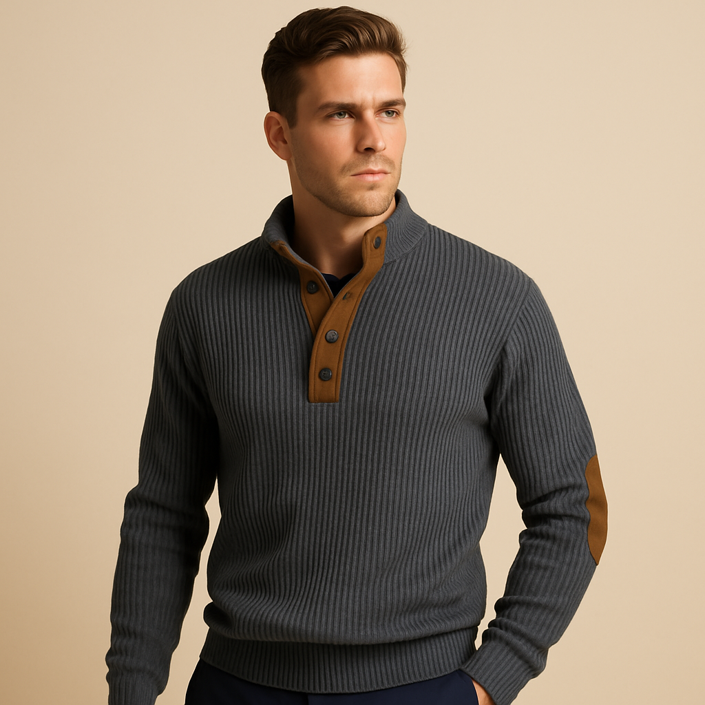 Men’s Ribbed Cotton Jumper with Buttoned Collar – Casual Pullover
