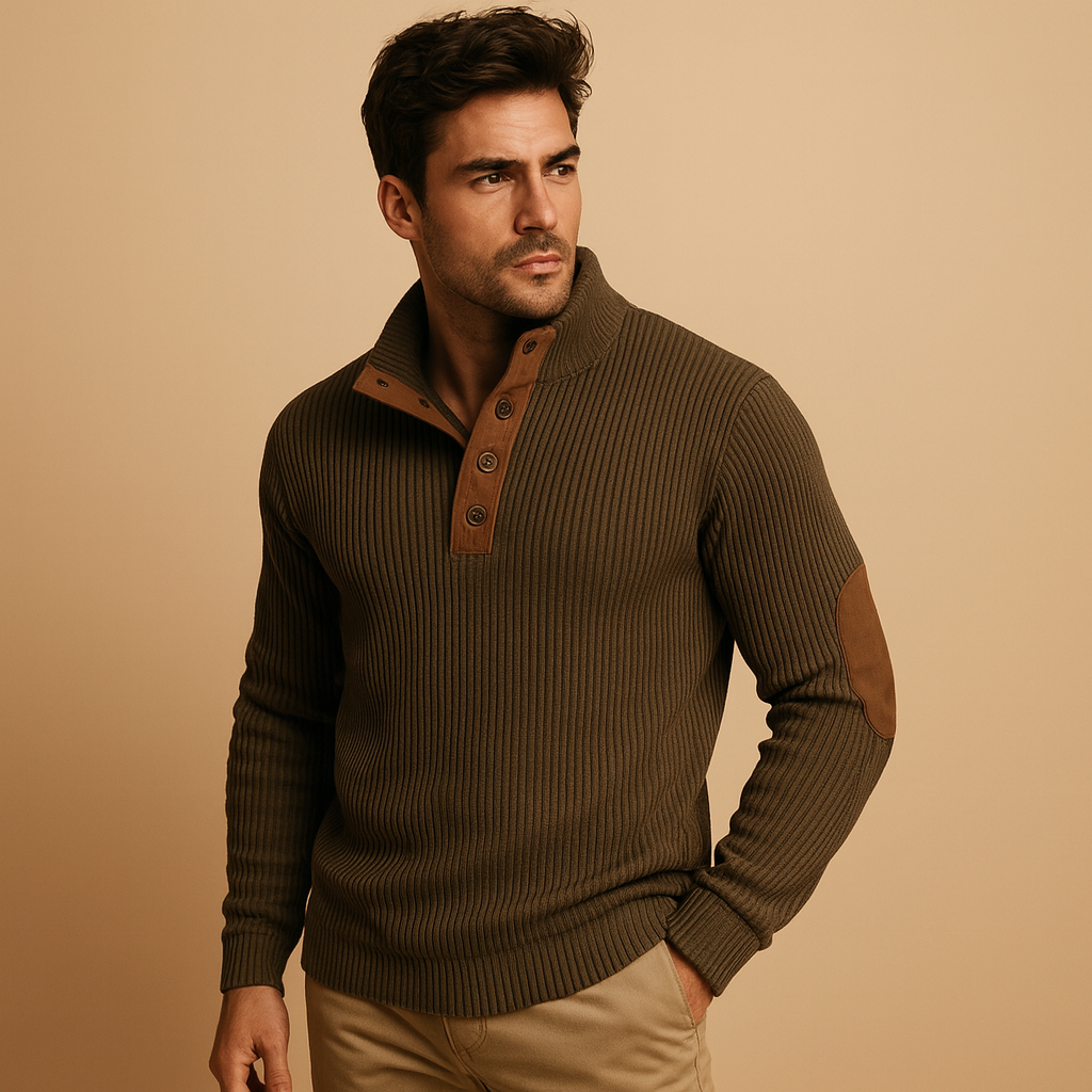 Men’s Ribbed Cotton Jumper with Buttoned Collar – Casual Pullover