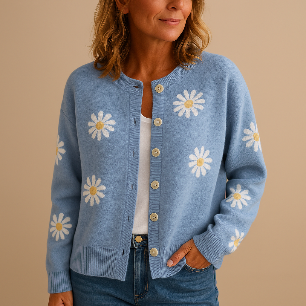 Women's Knitted Cardigan with Buttons – Floral Pattern and Cosy Feel