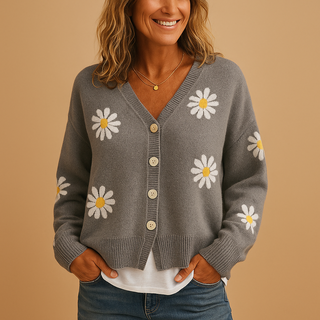 Women's Knitted Cardigan with Buttons – Floral Pattern and Cosy Feel